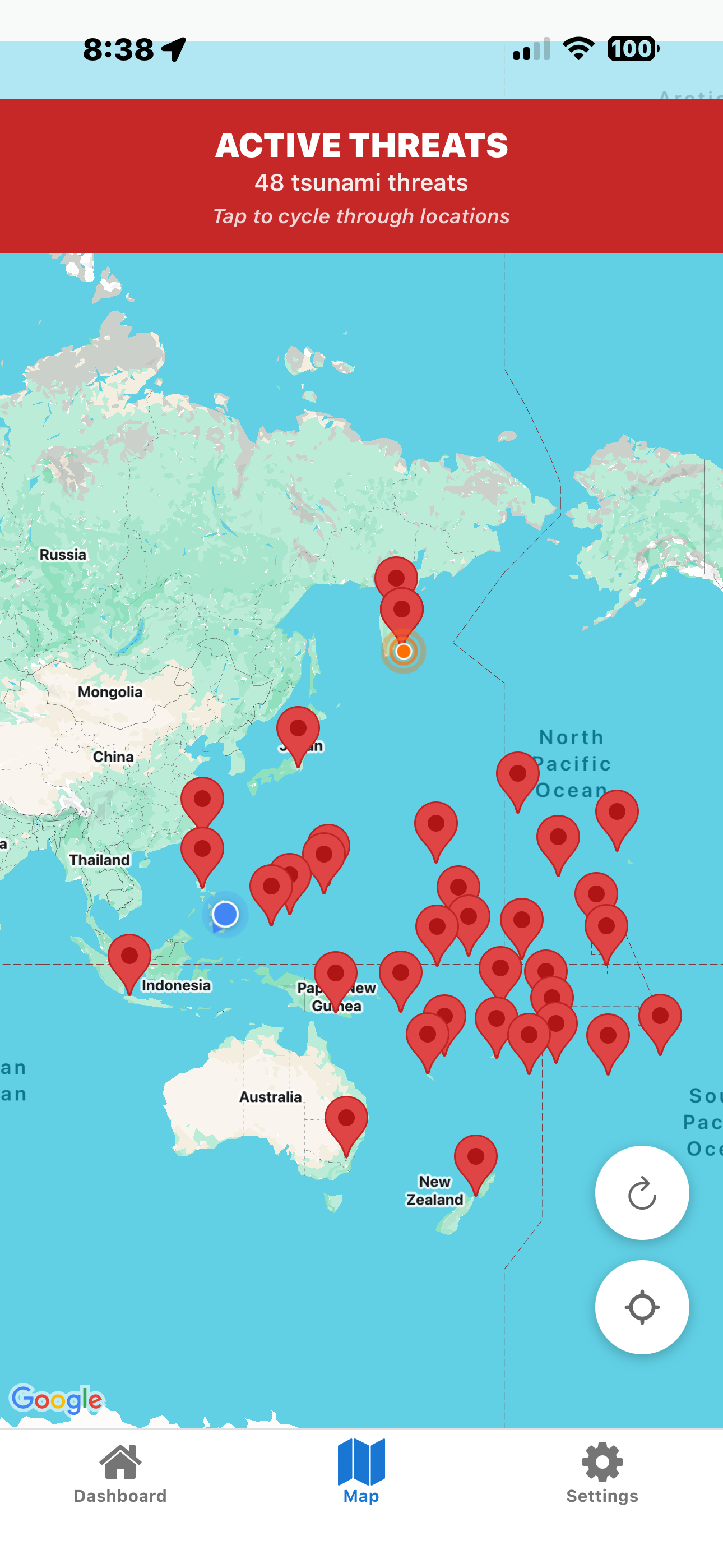 Tsunami Watch Map with Threats